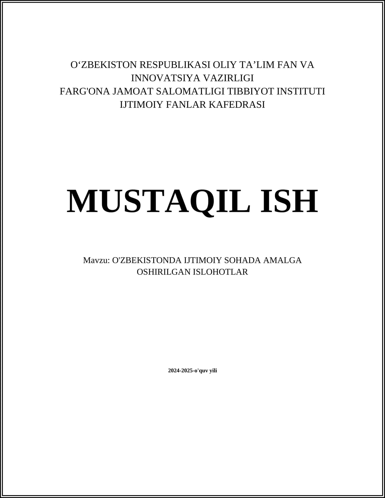 O'ZBEKISTONDA IJTIMOIY SOHADA AMALGA OSHIRILGAN ISLOHOTLAR 1