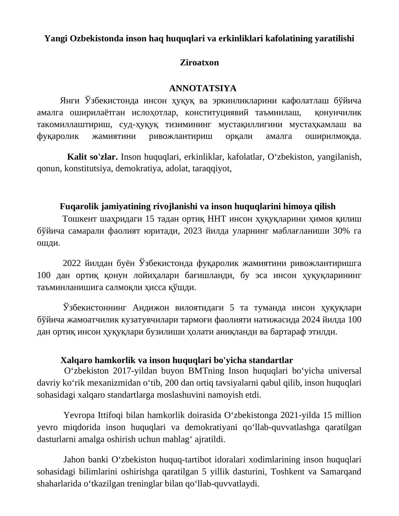 Yangi Ozbekistonda inson haq huquqlari va erkinliklari kafolatining yaratilishi 1