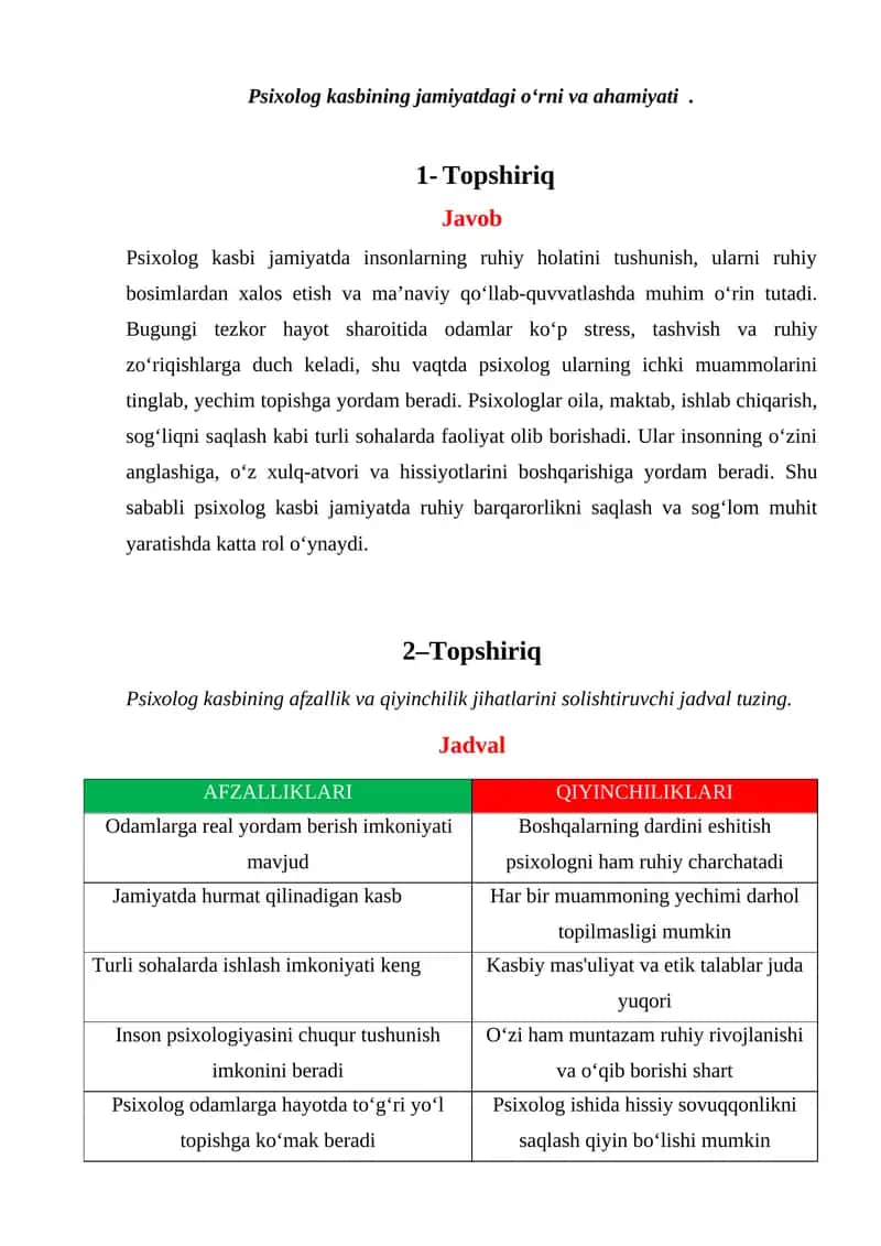 Psixolog kasbining jamiyatdagi o‘rni va ahamiyati 1