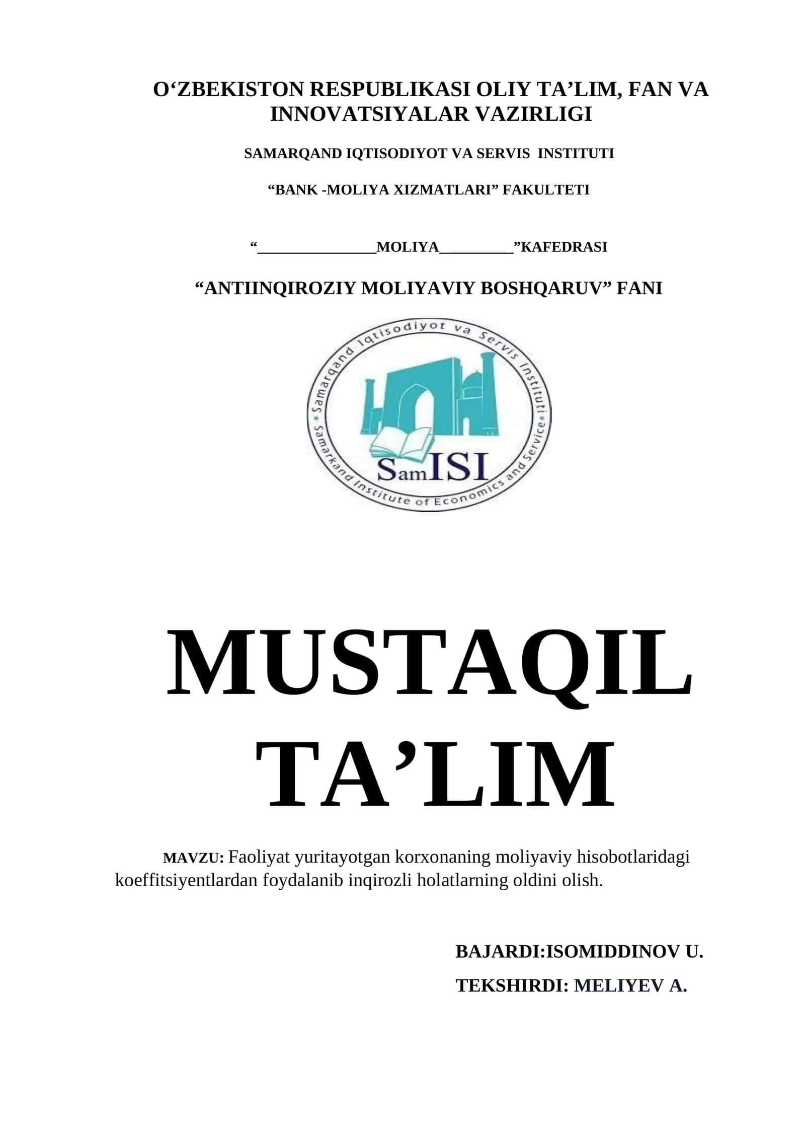 Moliyaviy koeffitsiyentlar va inqirozli holatlarning oldini olish 1