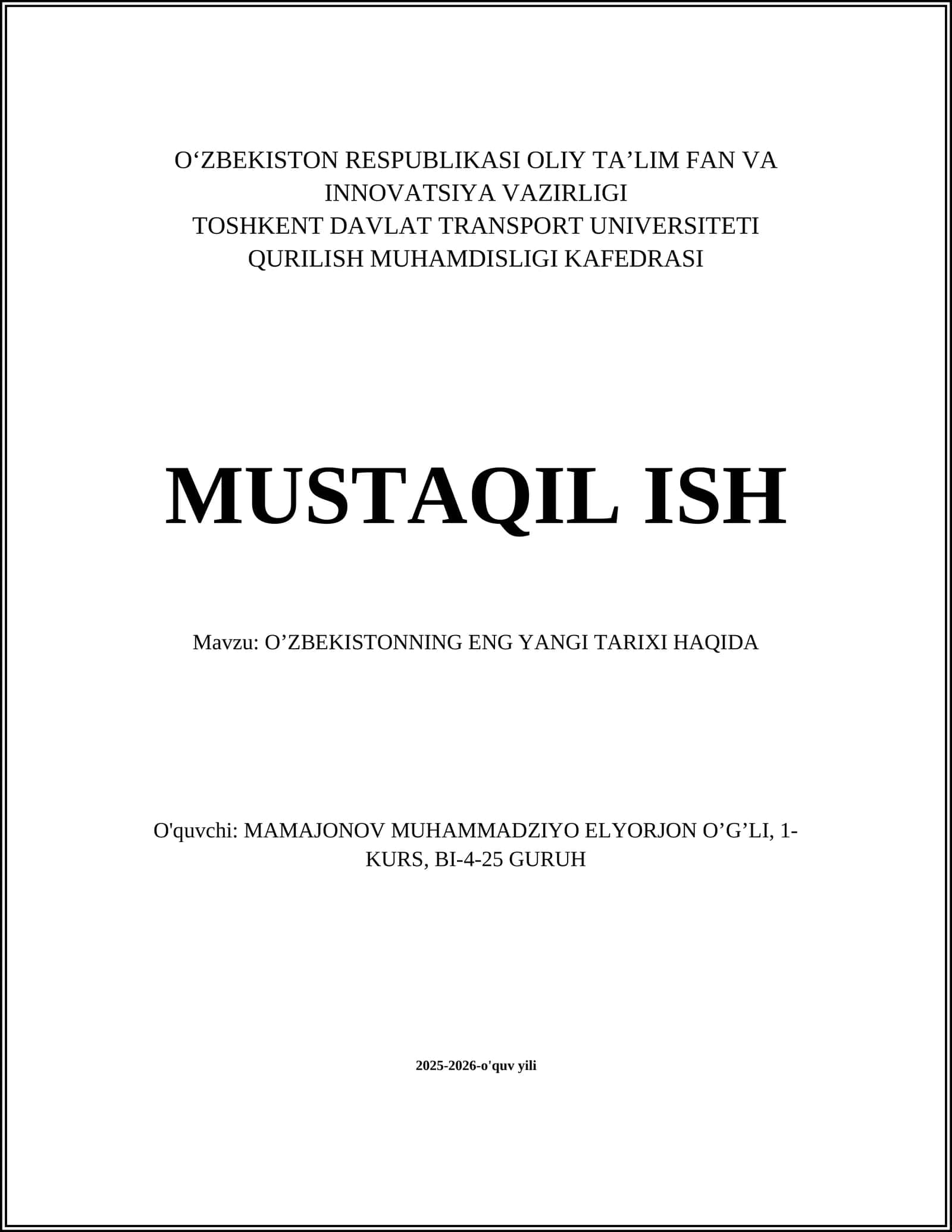 O‘ZBEKISTONNING ENG YANGI TARIXI HAQIDA 1