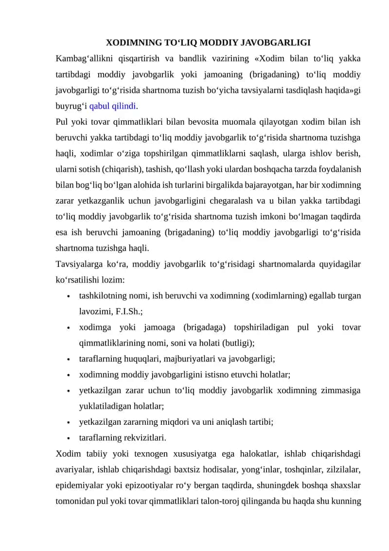 Xodimning To‘liq Moddiy Javobgarligi 1