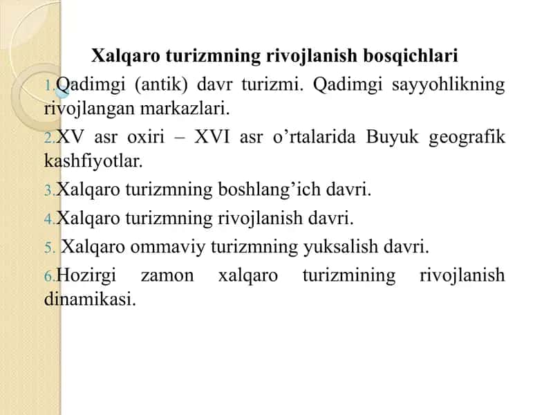 Xalqaro turizmning rivojlanish bosqichlari 1