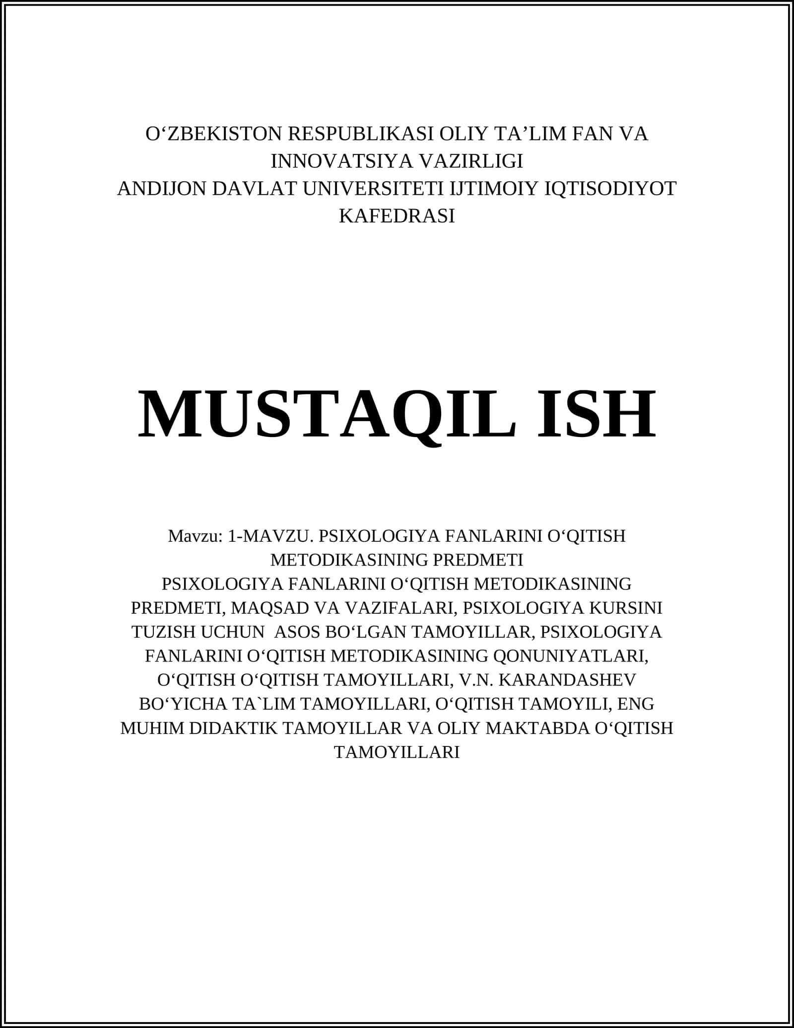 PSIXOLOGIYA FANLARINI O‘QITISH METODIKASI 1