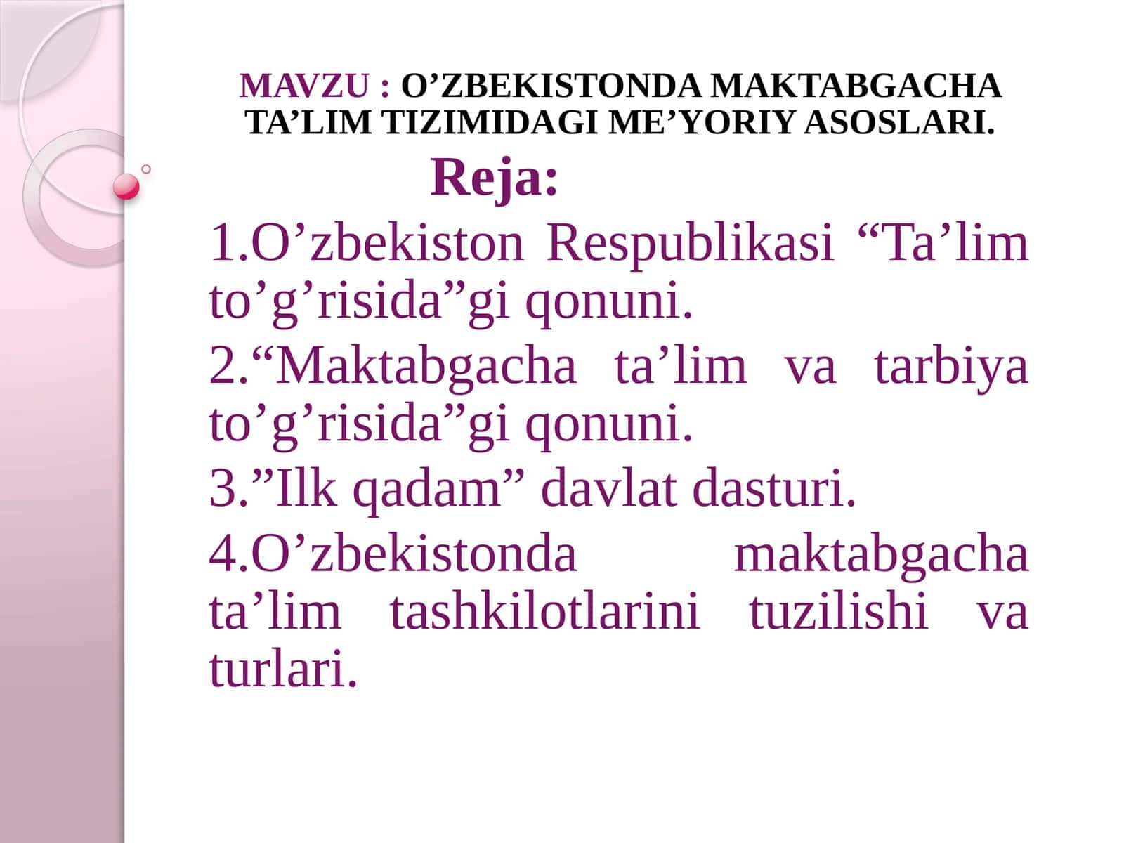 O’ZBEKISTONDA MAKTABGACHA TA’LIM TIZIMIDAGI ME’YORIY ASOSLARI 1