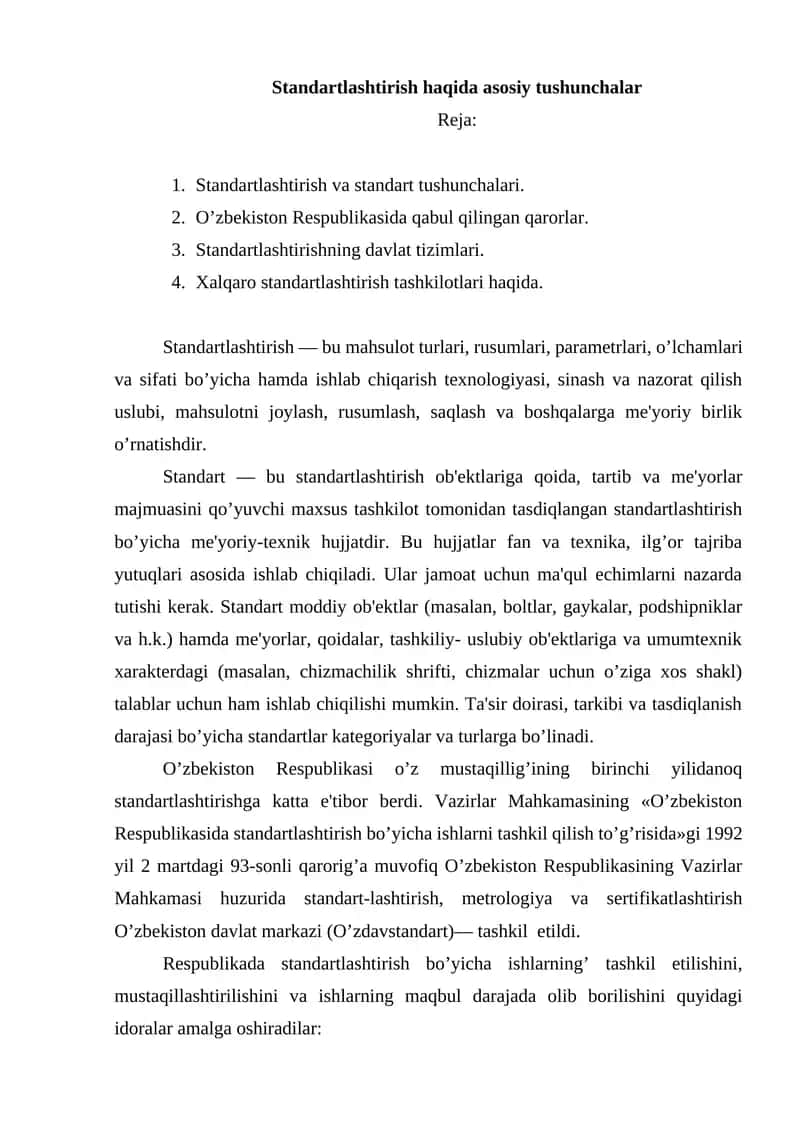 Standartlashtirish haqida asosiy tushunchalar 1