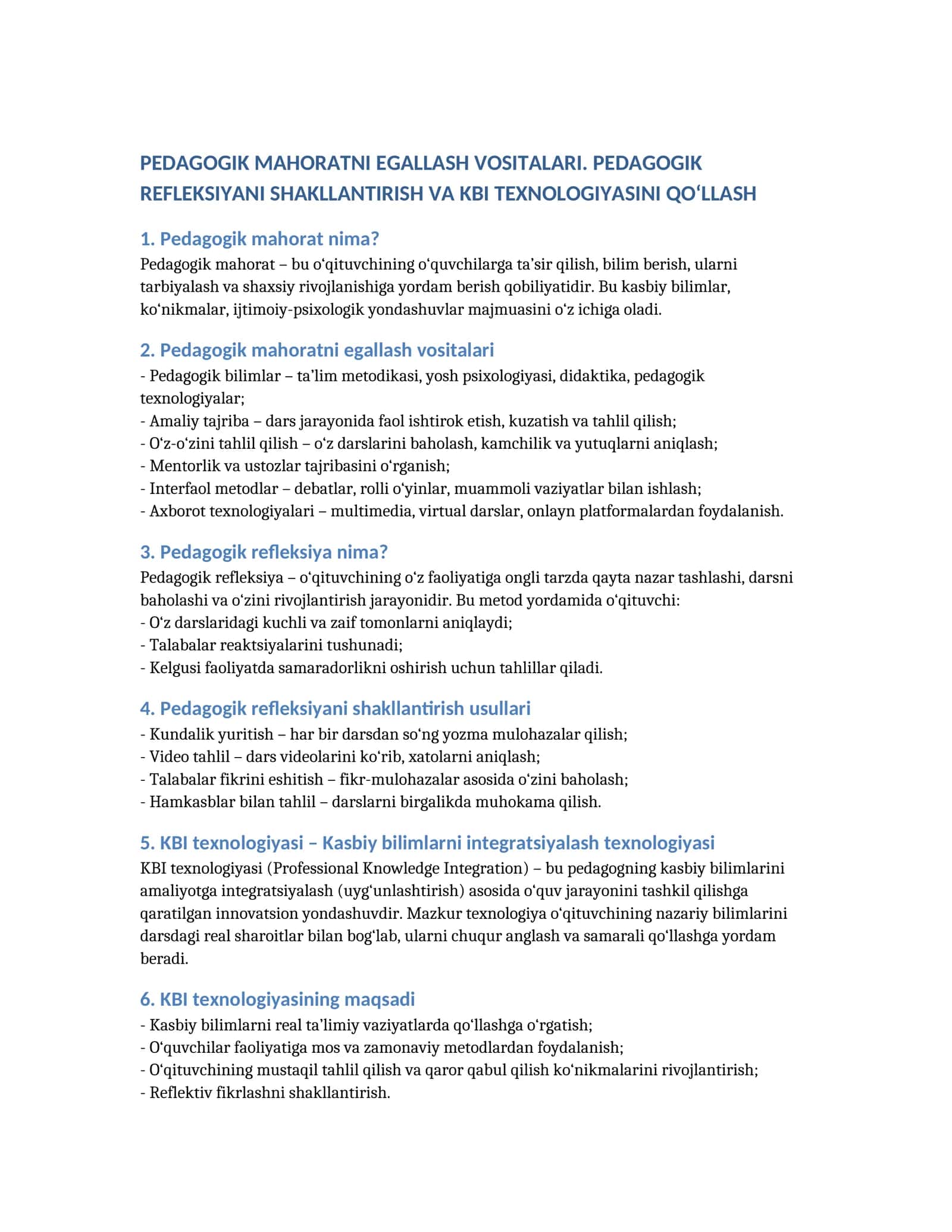 PEDAGOGIK MAHORATNI EGALLASH VOSITALARI. PEDAGOGIK REFLEKSIYANI SHAKLLANTIRISH VA KBI TEXNOLOGIYASINI QO‘LLASH 1
