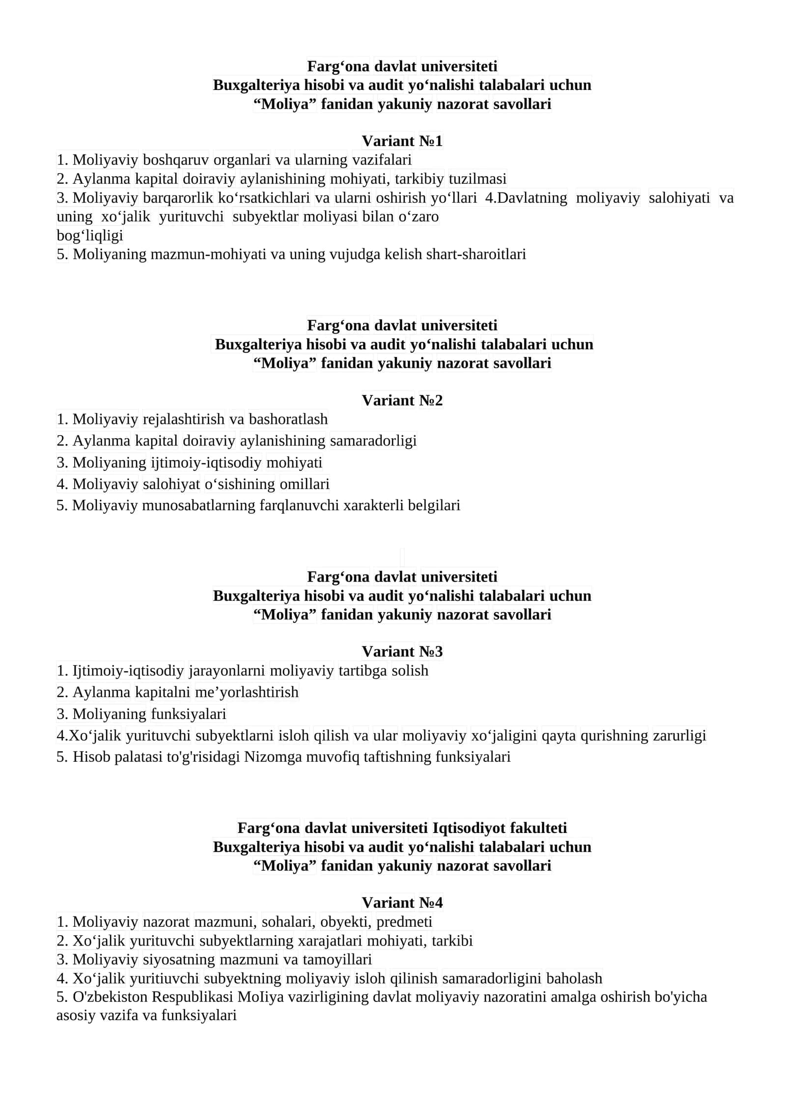 Moliya fanidan yakuniy nazorat savollari 1