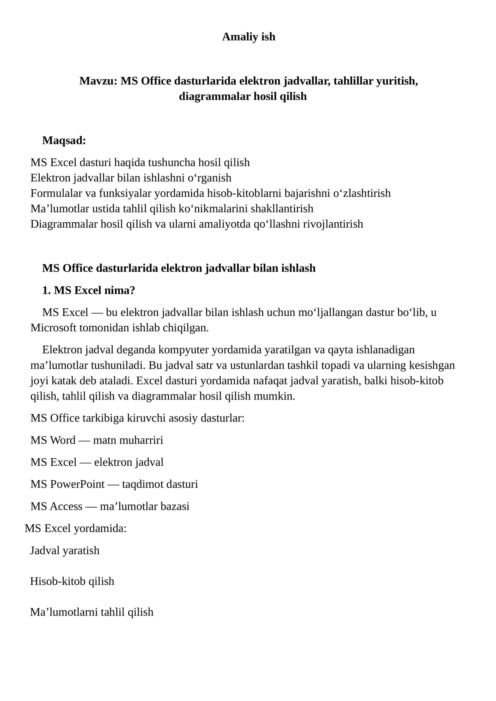 MS Office dasturlarida elektron jadvallar, tahlillar yuritish, diagrammalar hosil qilish 1