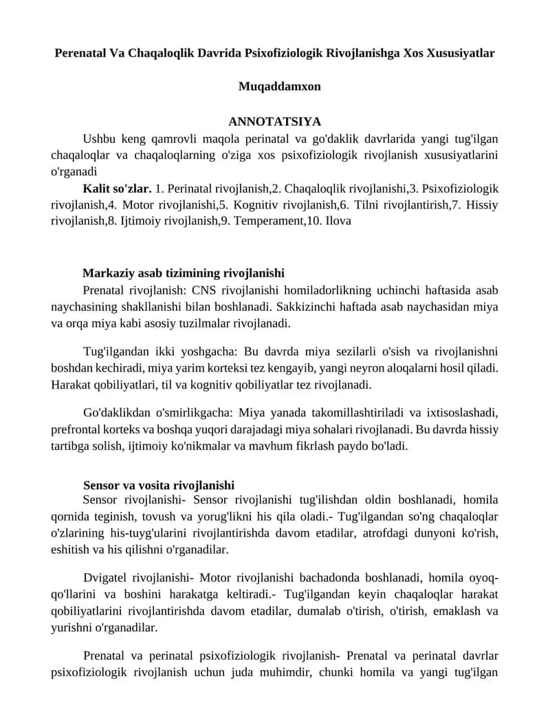 Perinatal Va Chaqaloqlik Davrida Psixofiziologik Rivojlanishga Xos Xususiyatlar 1