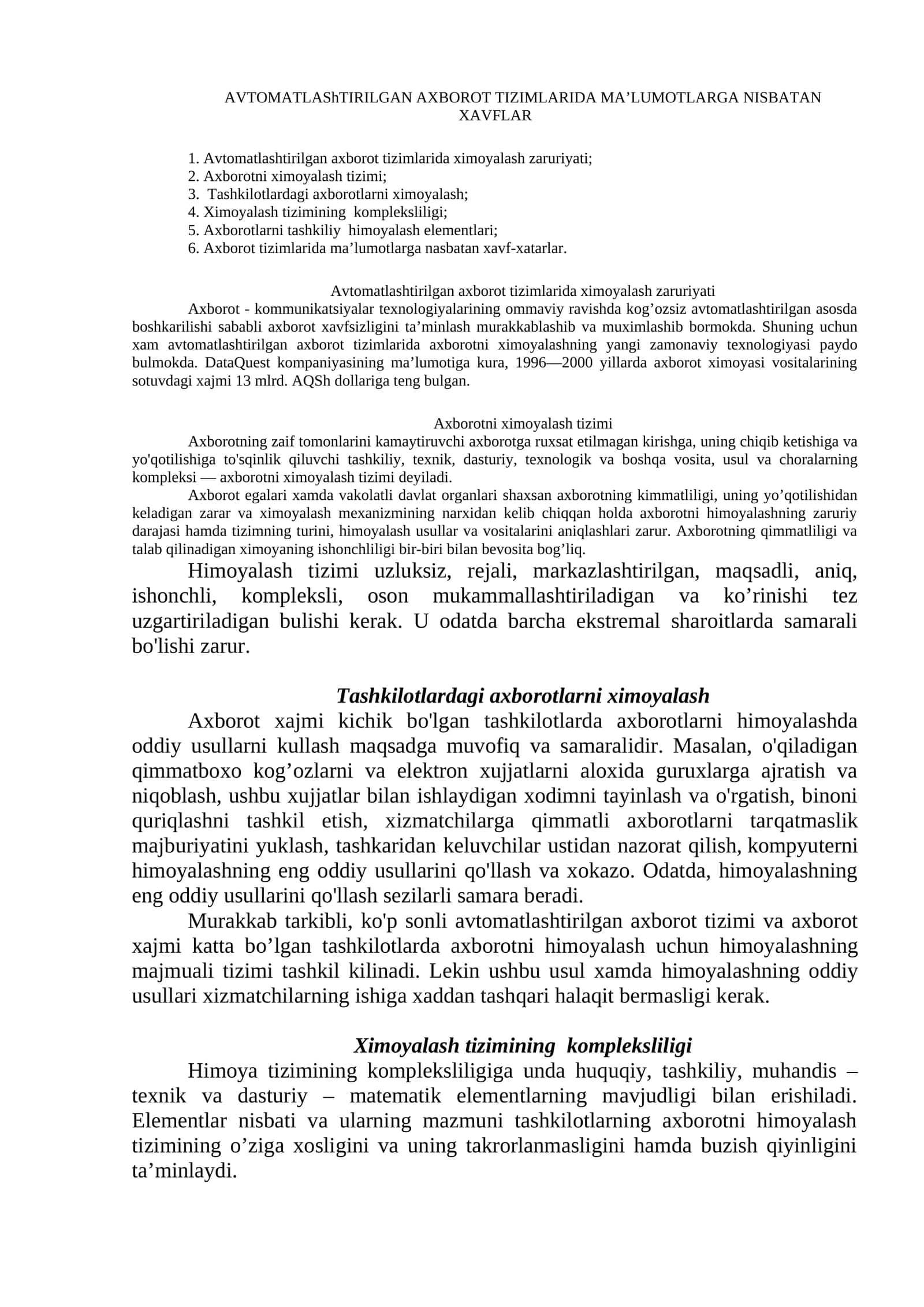 Аvtоmаtlаshtirilgаn ахbоrоt tizimlаridа MА’LUMОTLАRGА NISBАTАN ХАVFLАR 1