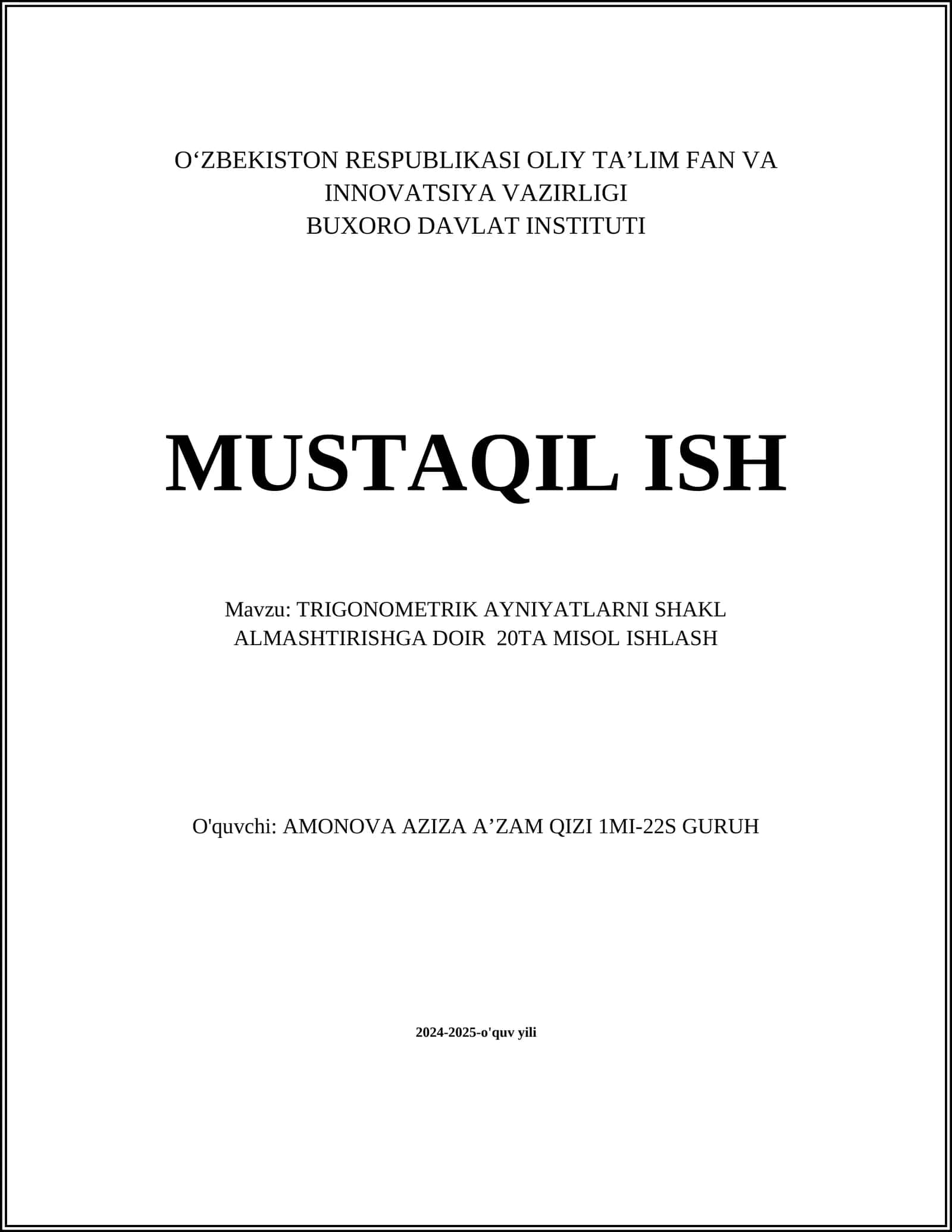 TRIGONOMETRIK AYNIYATLARNI SHAKL ALMASHTIRISHGA DOIR 20TA MISOL ISHLASH 1