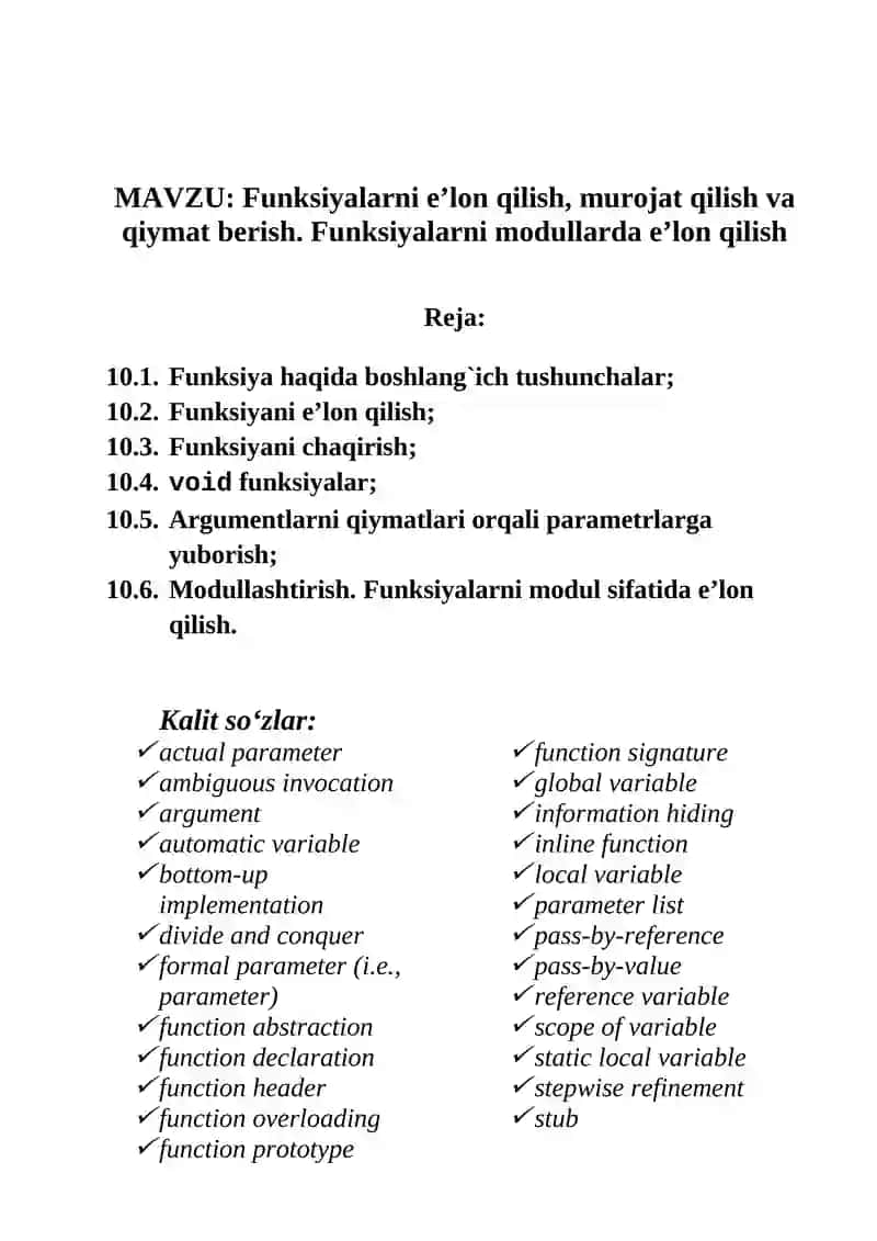Funksiyalarni e’lon qilish, murojat qilish va qiymat berish. Funksiyalarni modullarda e’lon qilish