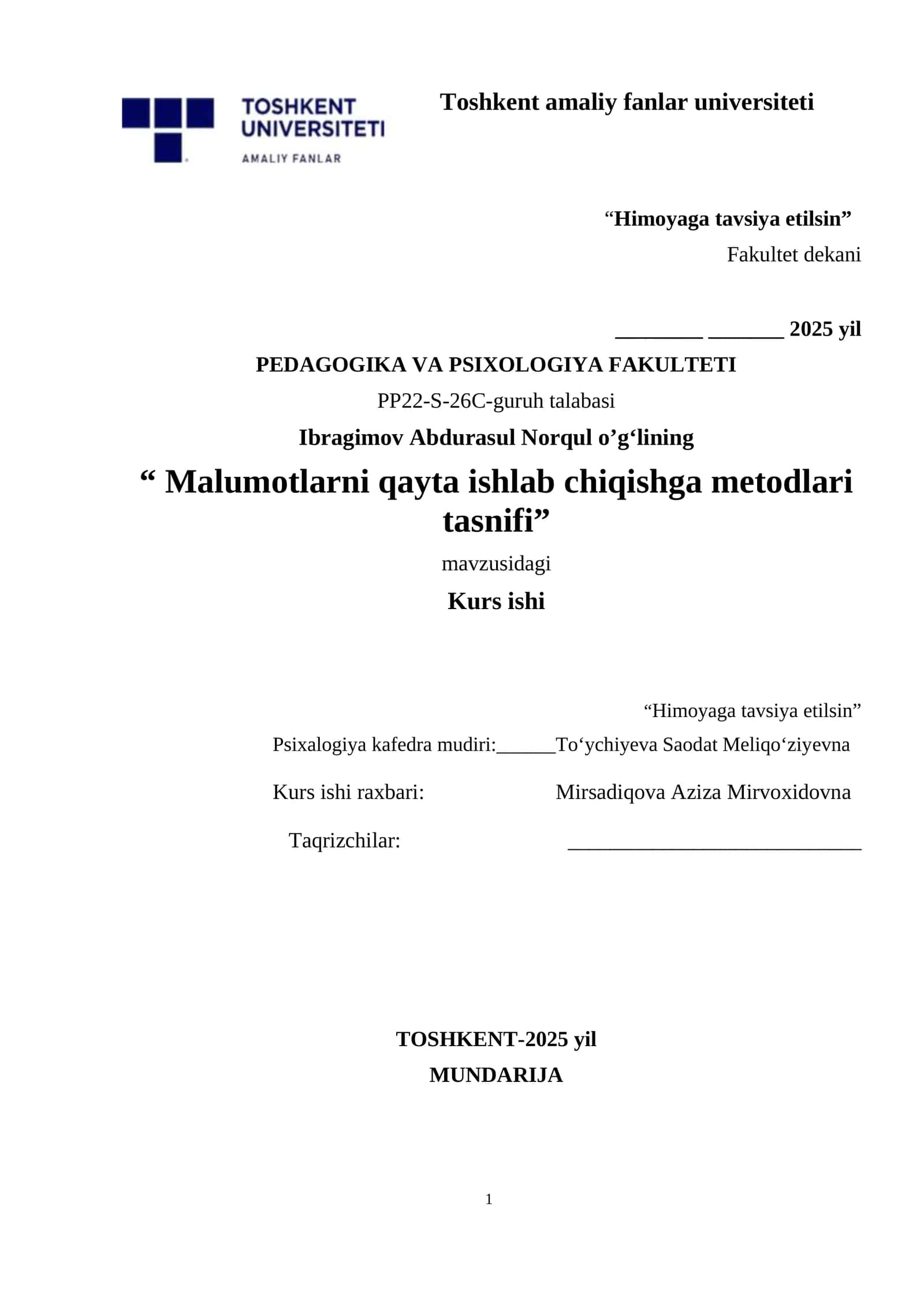 Malumotlarni qayta ishlab chiqishga metodlari tasnifi 1