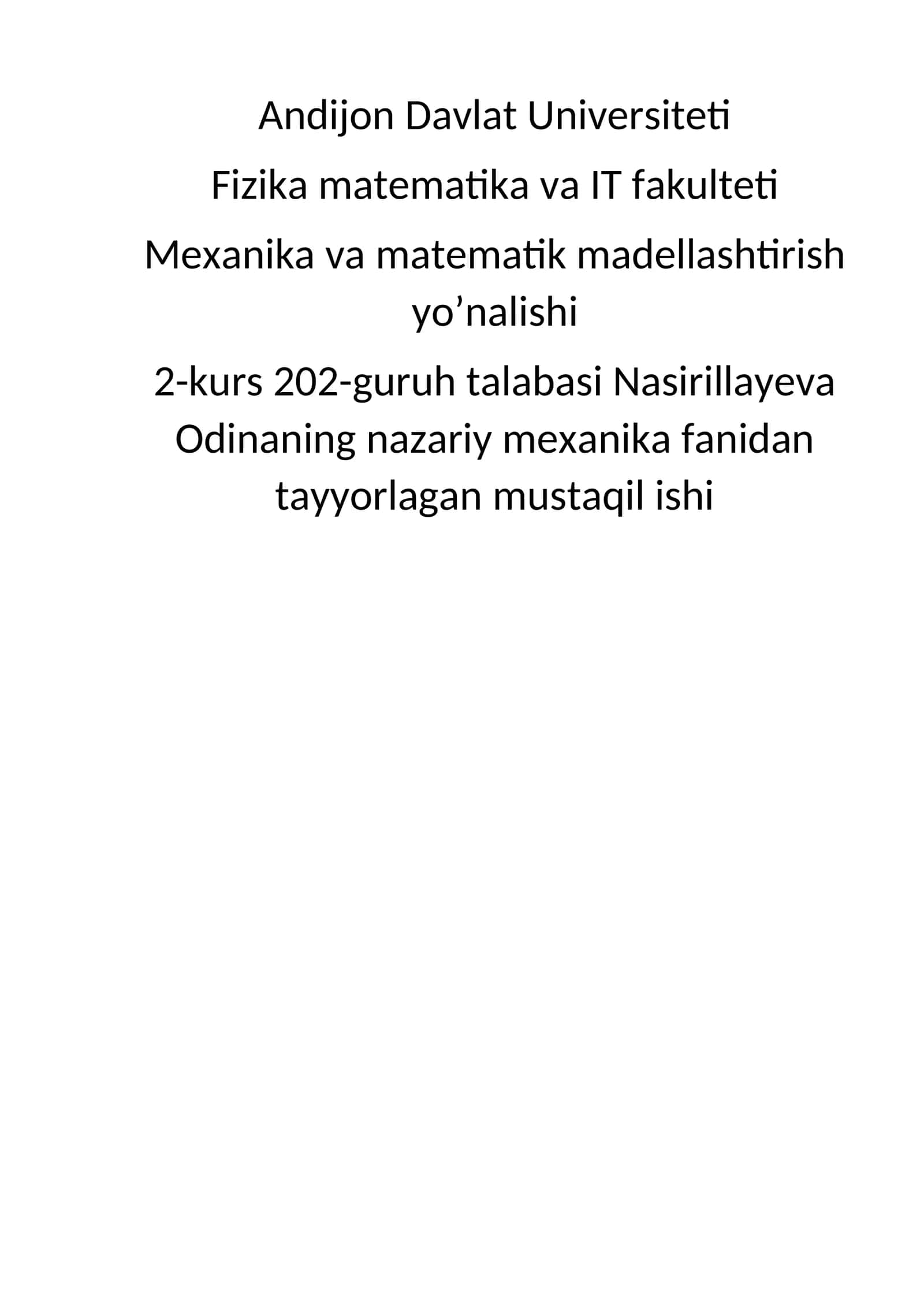 Nazariy mexanika fanidan tayyorlagan mustaqil ishi 1