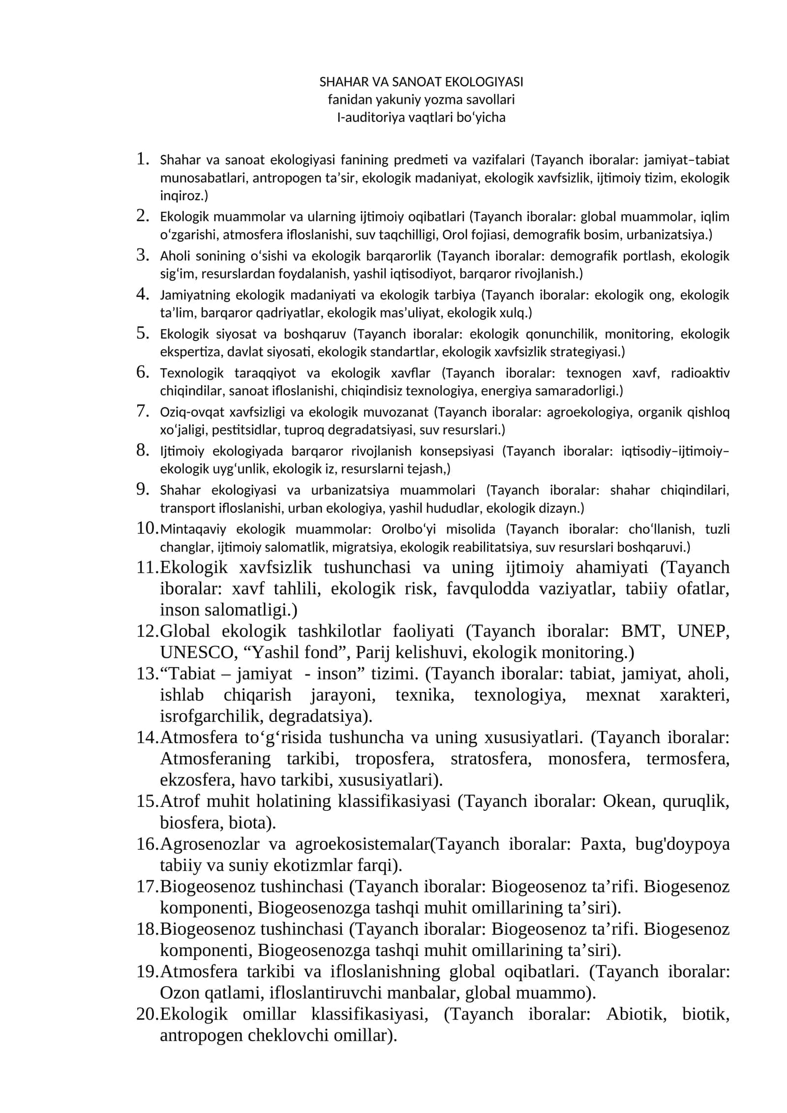 SHAHAR VA SANOAT EKOLOGIYASI 1