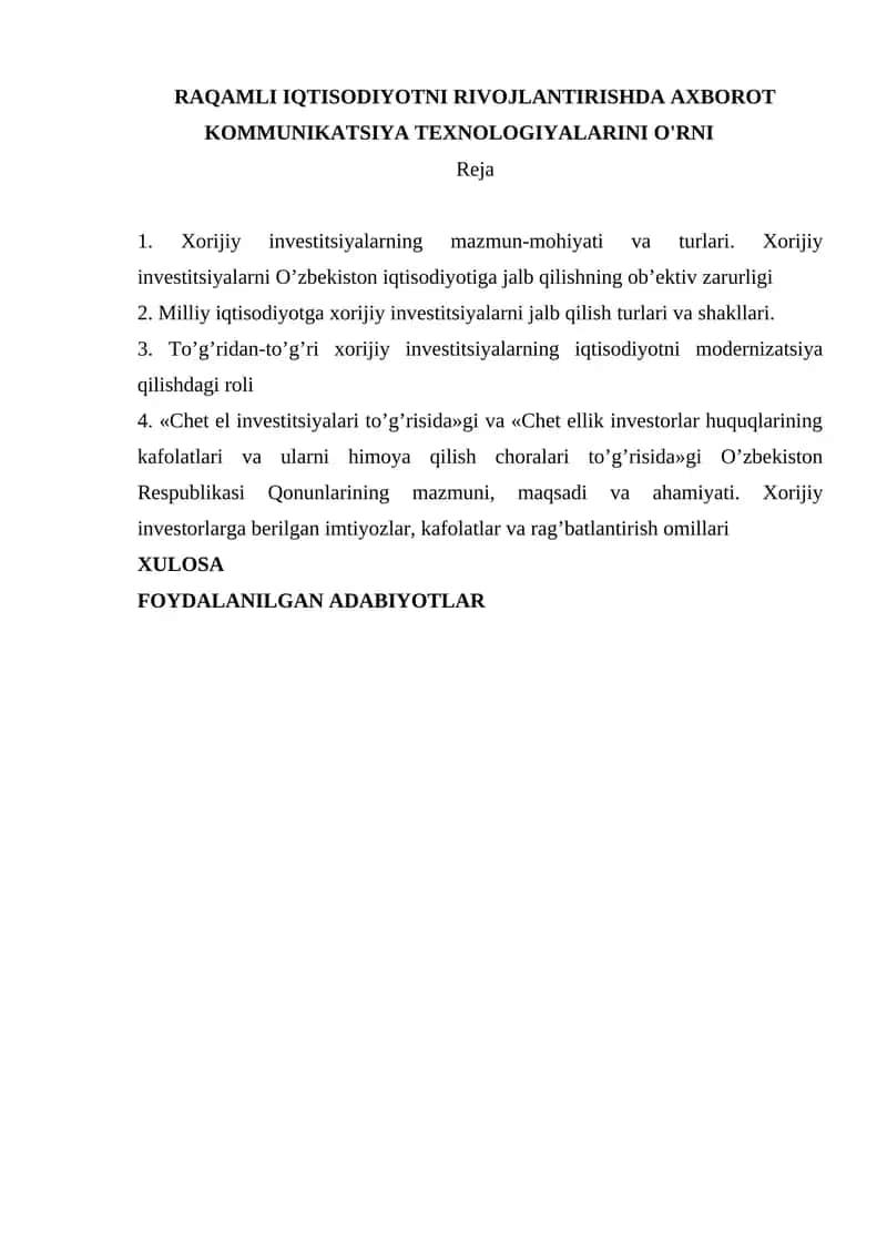 Xorijiy investitsiyalarning mazmun-mohiyati va turlari 1