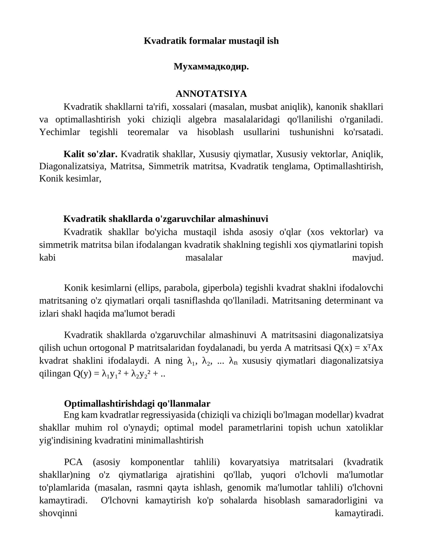 Kvadratik shakllar va matritsalar 1
