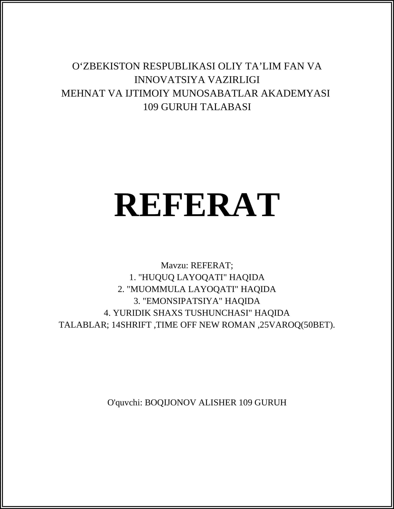 REFERAT "HUQUQ LAYOQATI" 1