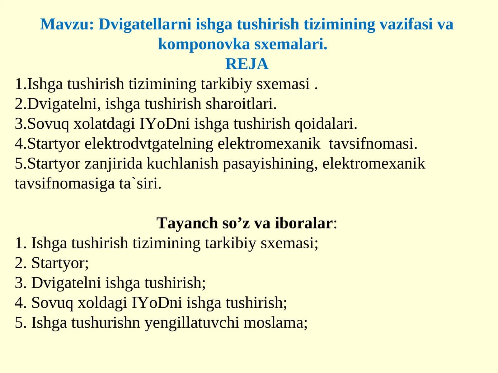 Dvigatellarni ishga tushirish tizimining vazifasi va komponovka sxemalari 1