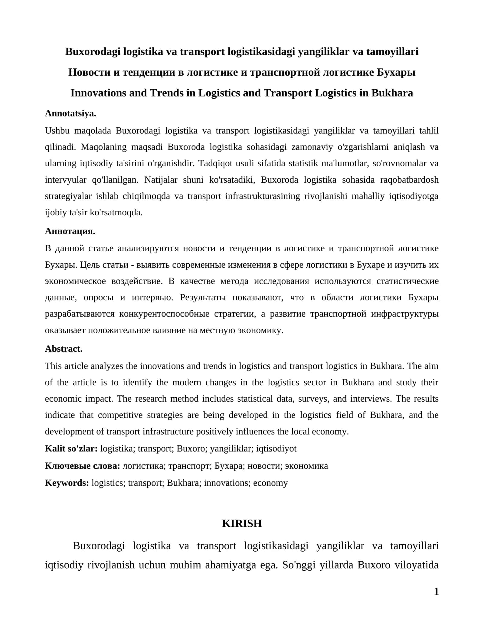 Buxorodagi logistika va transport logistikasidagi yangiliklar va tamoyillari 1