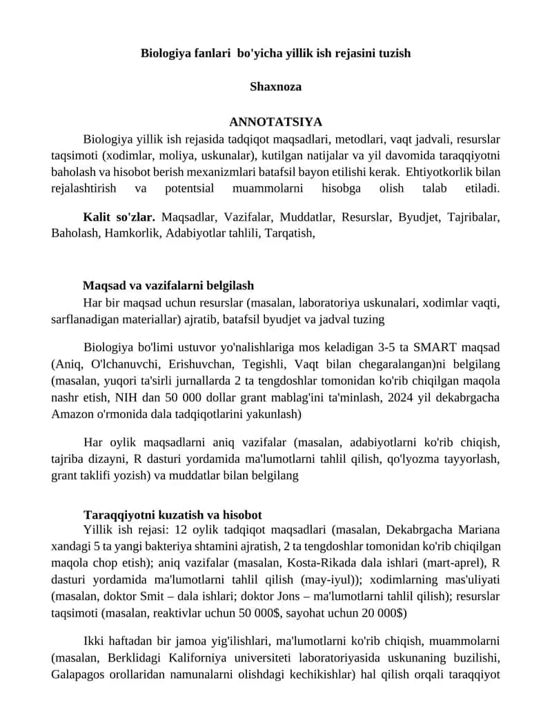 Biologiya fanlari bo'yicha yillik ish rejasini tuzish 1