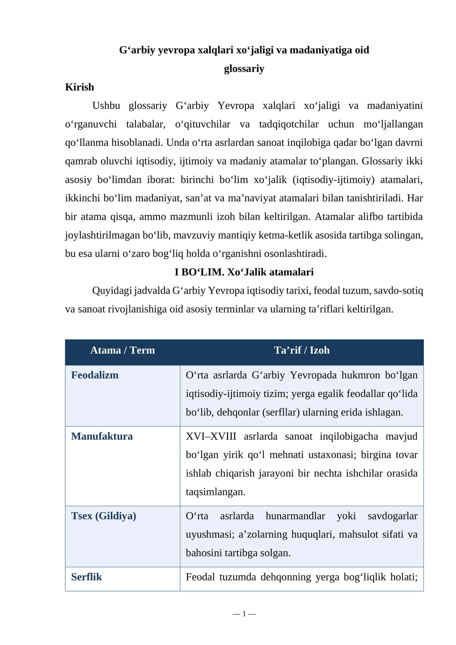 G‘arbiy yevropa xalqlari xo‘jaligi va madaniyatiga oid glossariy. 1
