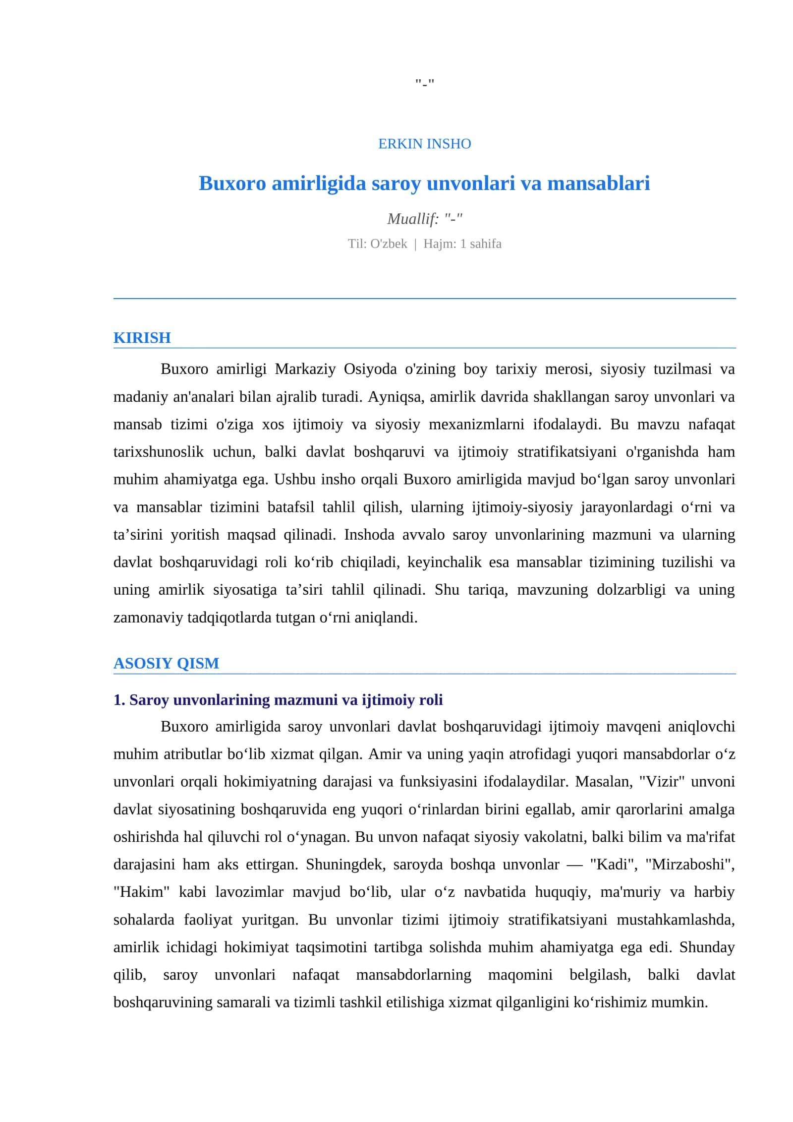 Buxoro amirligida saroy unvonlari va mansablari 1
