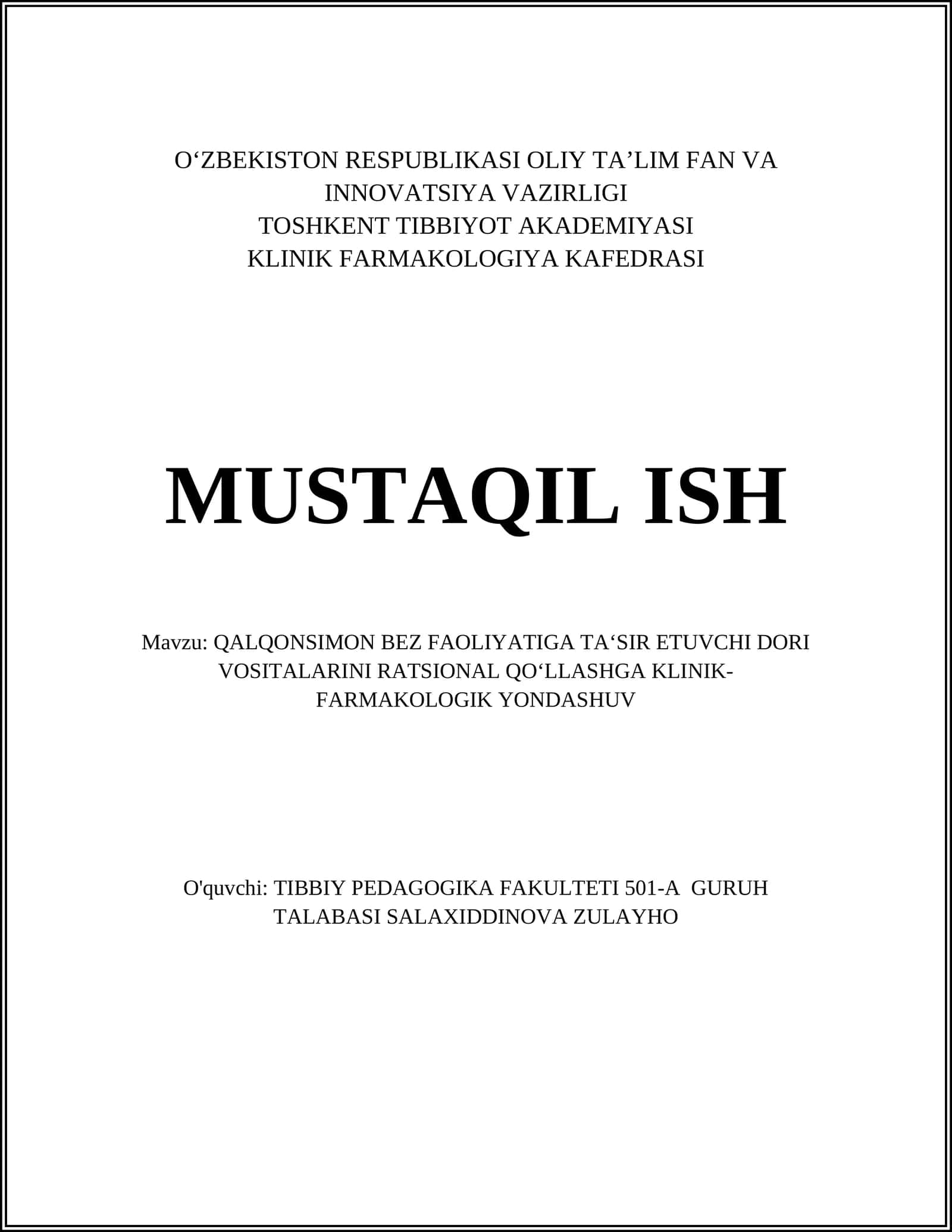 QALQONSIMON BEZ FAOLIYATIGA TA‘SIR ETUVCHI DORI VOSITALARINI RATSIONAL QO‘LLASHGA KLINIK-FARMAKOLOGIK YONDASHUV 1