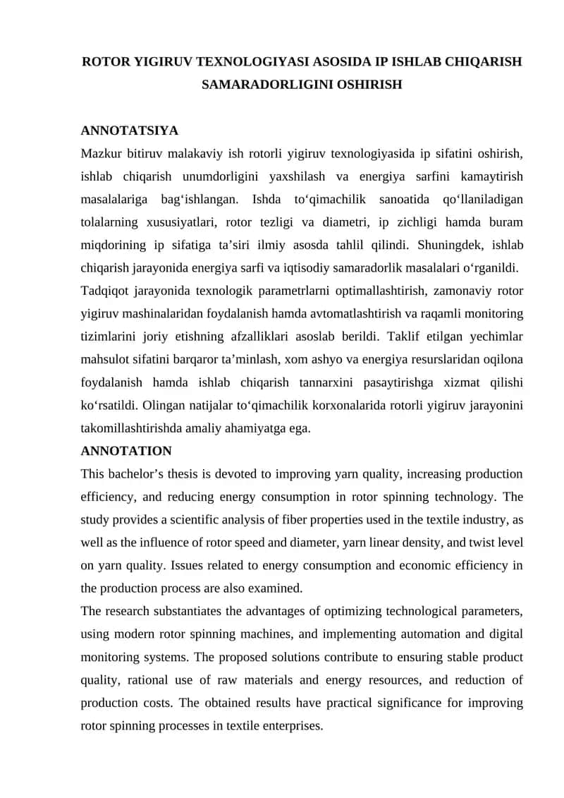 BMI_ROTOR YIGIRUV TEXNOLOGIYASI ASOSIDA IP ISHLAB CHIQARISH SAMARADORLIGINI OSHIRISH 1