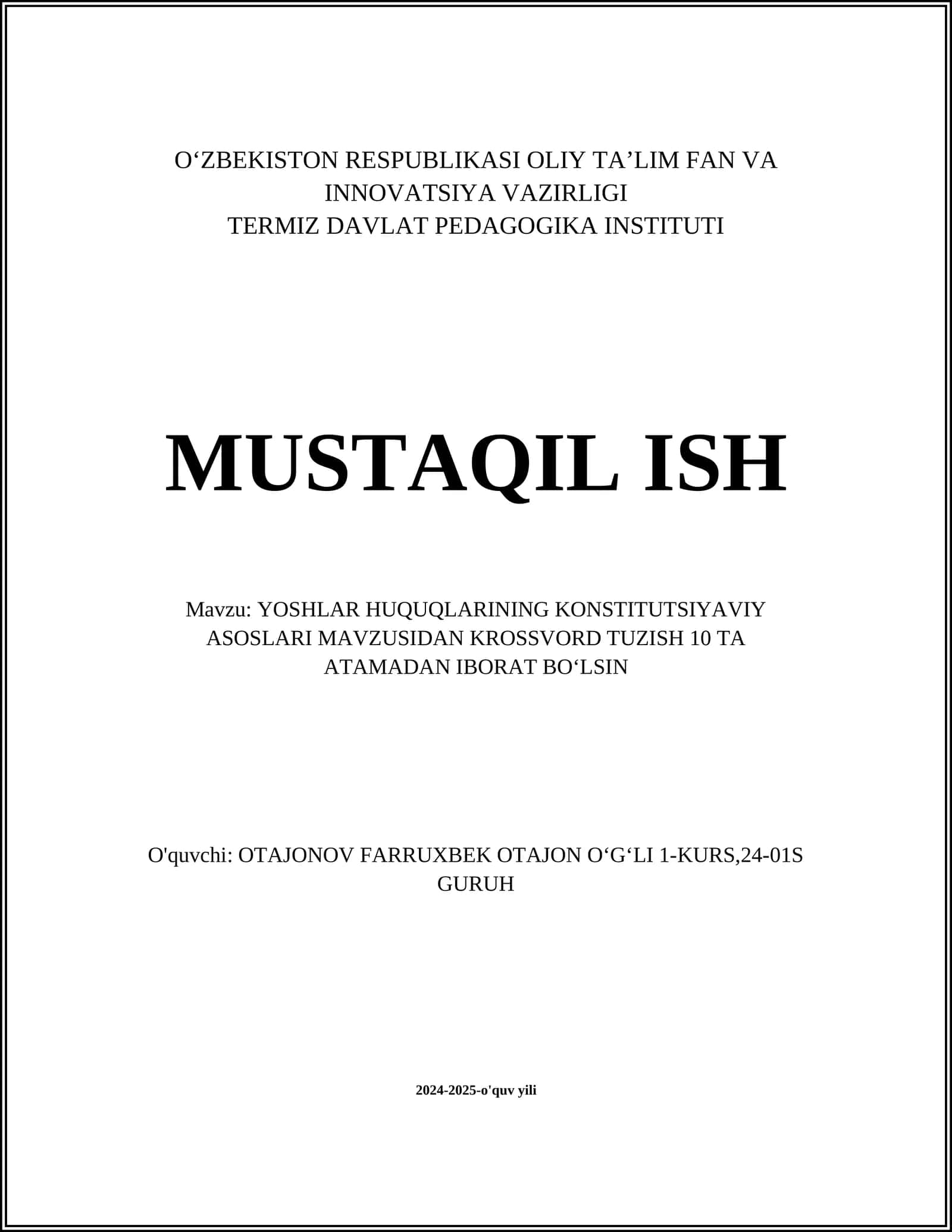 YOSHLAR HUQUQLARINING KONSTITUTSIYAVIY ASOSLARI MAVZUSIDAN KROSSVORD TUZISH 10 TA ATAMADAN IBORAT BOʻLSIN 1