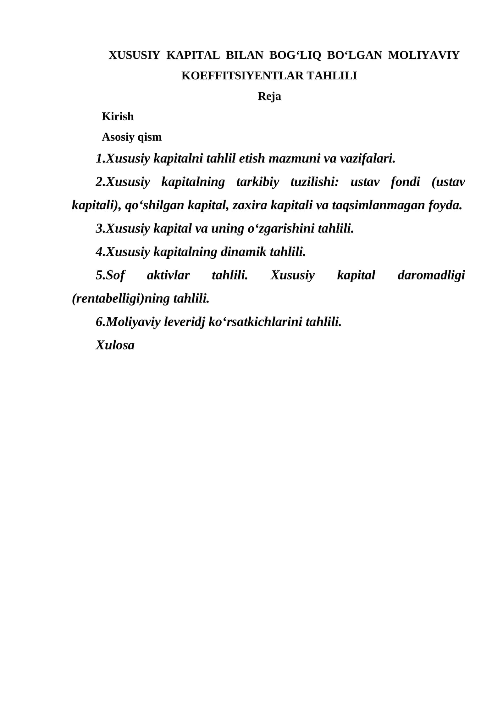 XUSUSIY KAPITAL BILAN BOG‘LIQ BO‘LGAN MOLIYAVIY KOEFFITSIYENTLAR TAHLILI 1