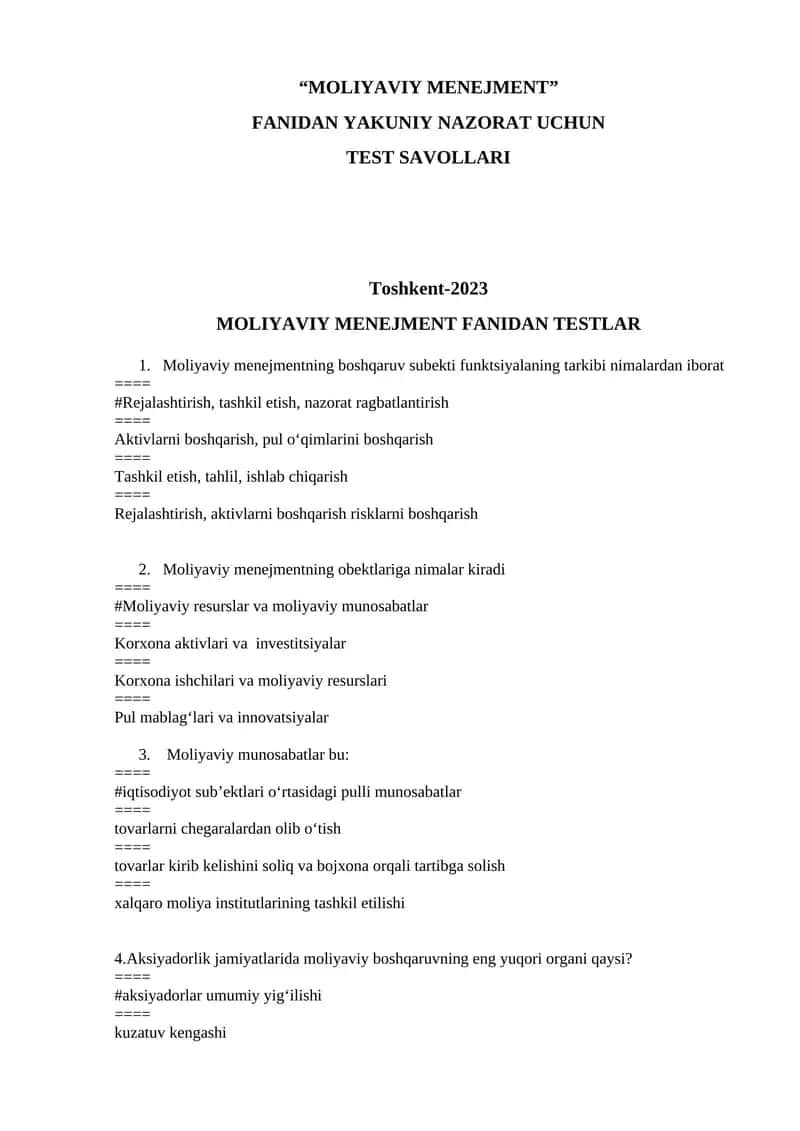 MOLIYAVIY MENEJMENT FANIDAN TESTLAR 1