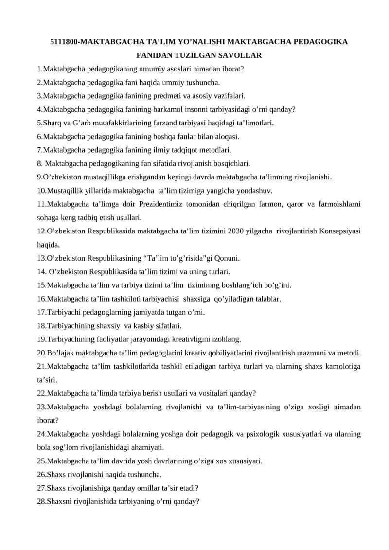 MAKTABGACHA TA’LIM YO’NALISHI MAKTABGACHA PEDAGOGIKA FANIDAN TUZILGAN SAVOLLAR 1