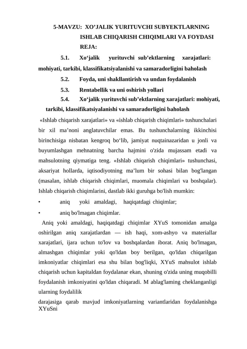 Ishlab chiqarish chiqimlari va foydasi rejasi 1
