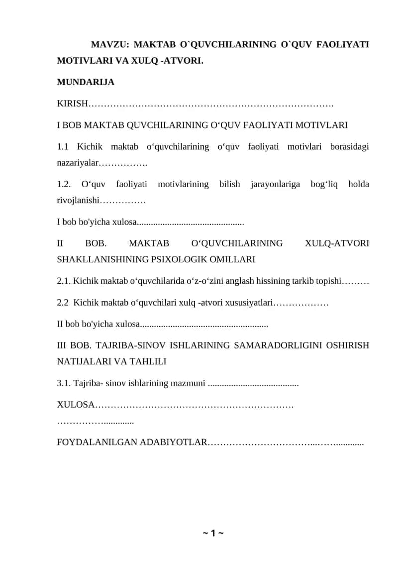 MAKTAB O`QUVCHILARINING O`QUV FAOLIYATI MOTIVLARI VA XULQ -ATVORI 1