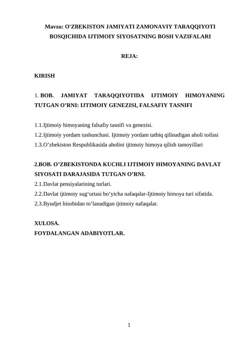 O'ZBEKISTON JAMIYATI ZAMONAVIY TARAQQIYOTI BOSQICHIDA IJTIMOIY SIYOSATNING BOSH VAZIFALARI 1