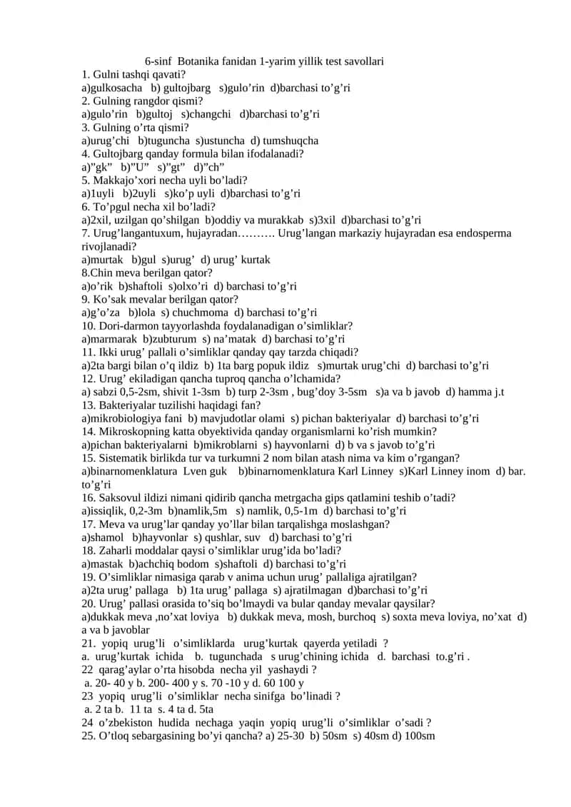 6-sinf Botanika fanidan 1-yarim yillik test savollari 1
