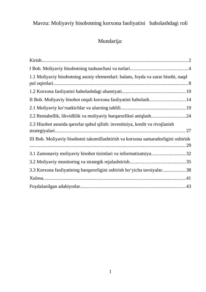 Moliyaviy hisobotning korxona faoliyatini baholashdagi roli 1