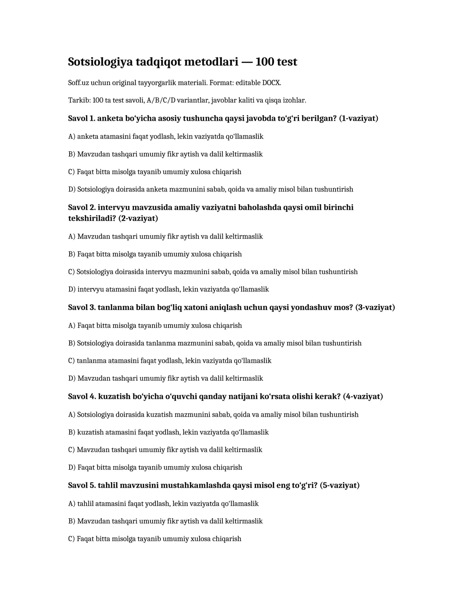 Sotsiologiya tadqiqot metodlari — 100 test 1