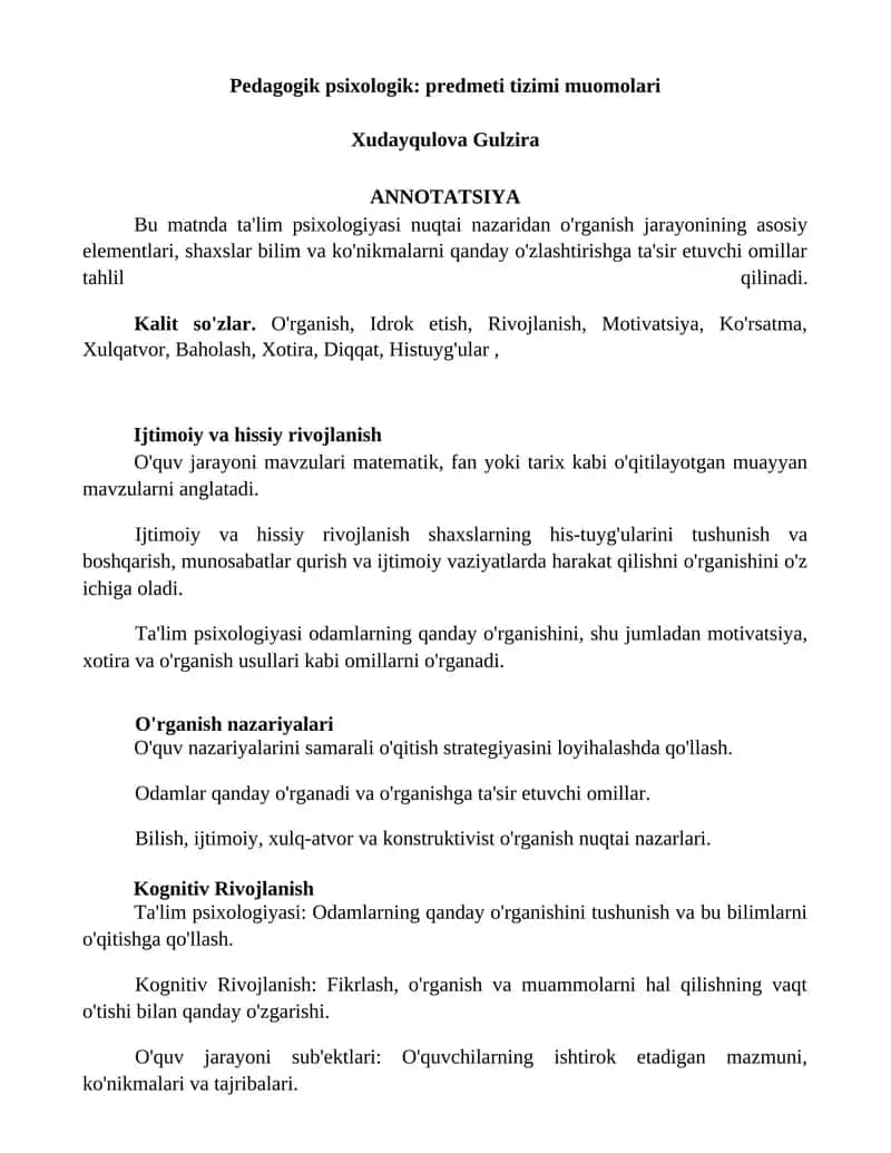 Pedagogik psixologik: predmeti tizimi muomolari 1