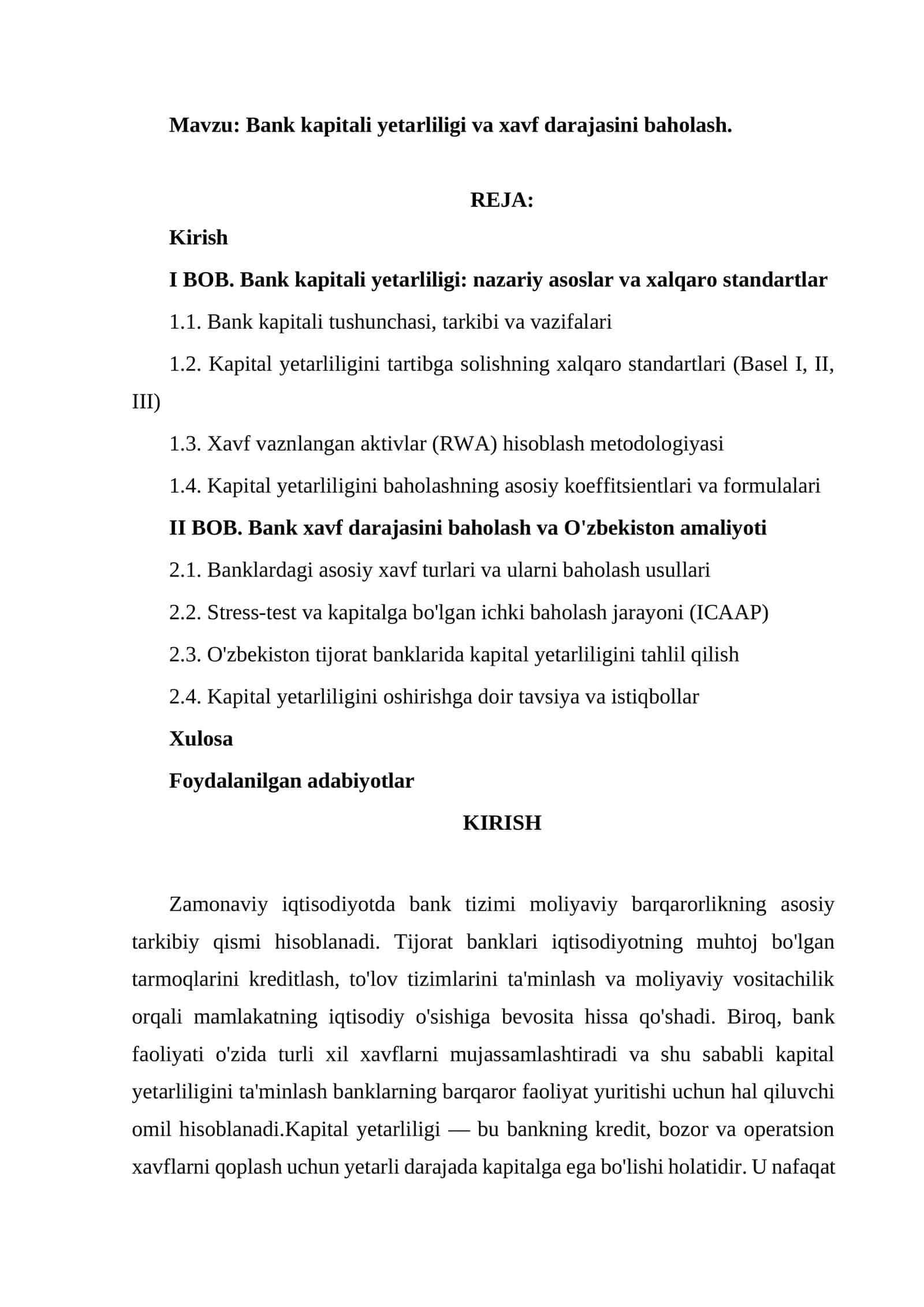 Bank kapitali yetarliligi va xavf darajasini baholash 1
