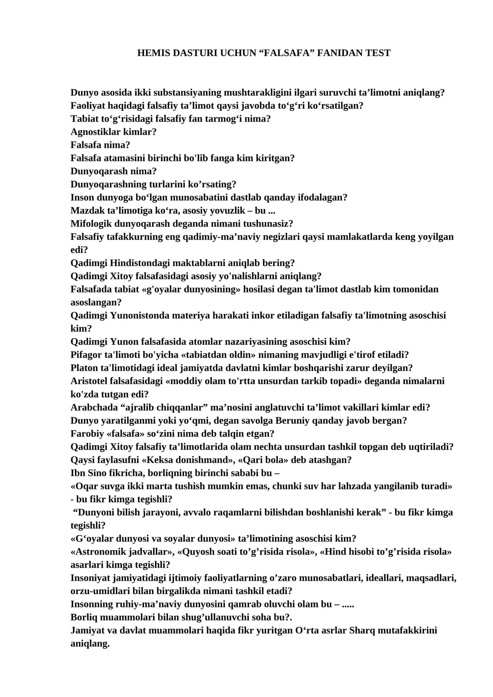 HEMIS DASTURI UCHUN “FALSAFA” FANIDAN TEST 1