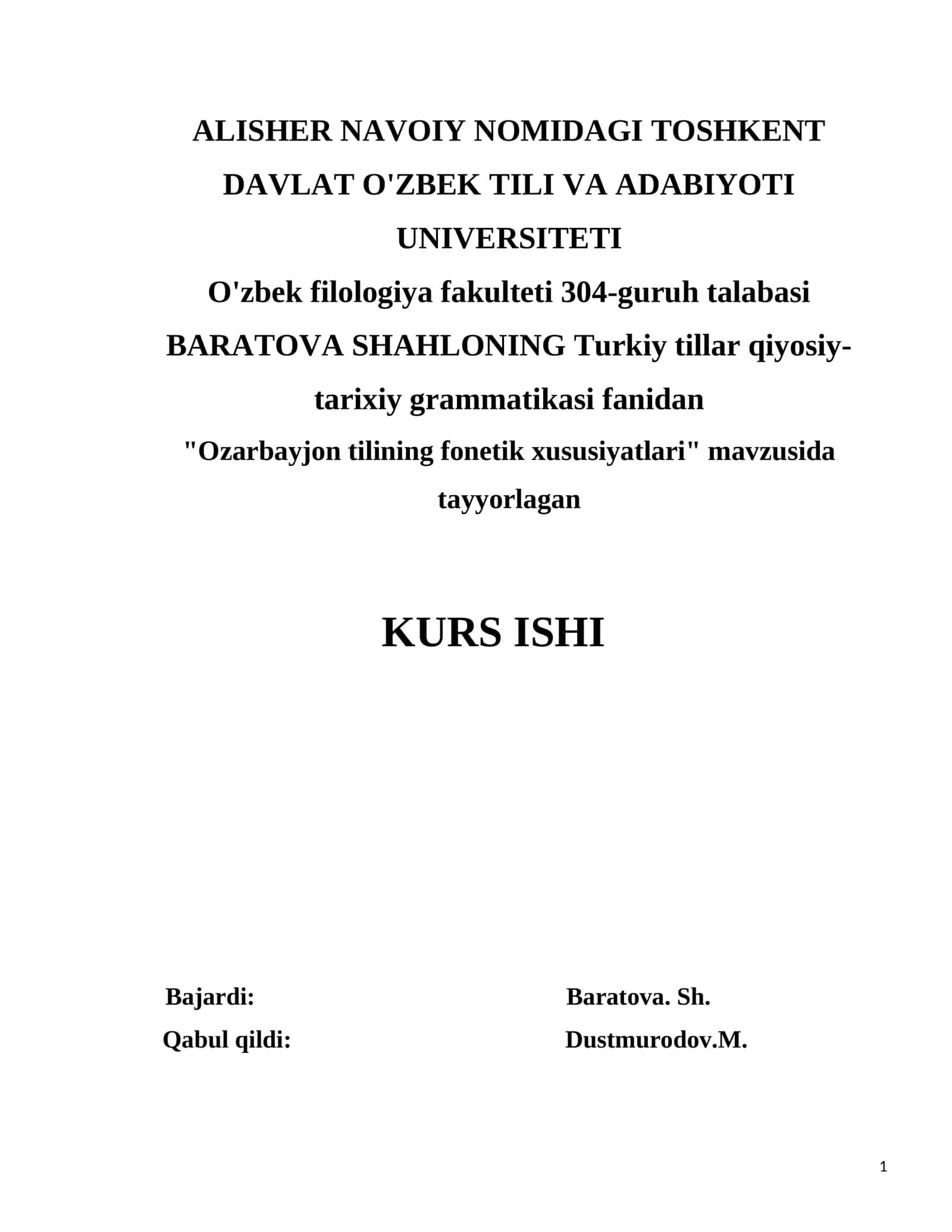 "Ozarbayjon tilining fonetik xususiyatlari" kurs isi 1