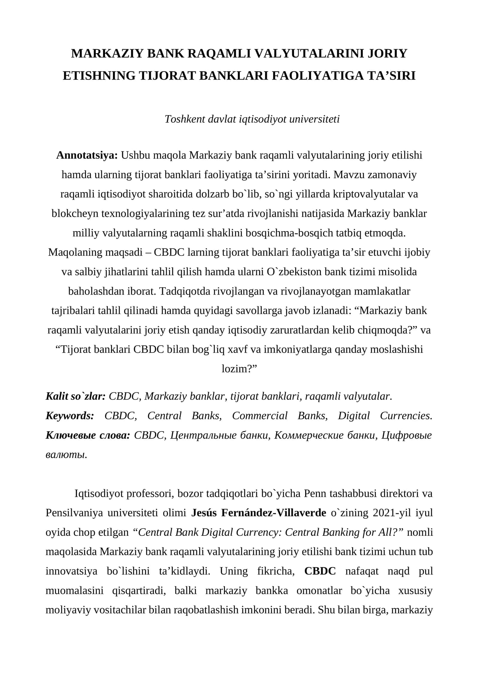 MARKAZIY BANK RAQAMLI VALYUTALARINI JORIY ETISHNING TIJORAT BANKLARI FAOLIYATIGA TA’SIRI docx 1