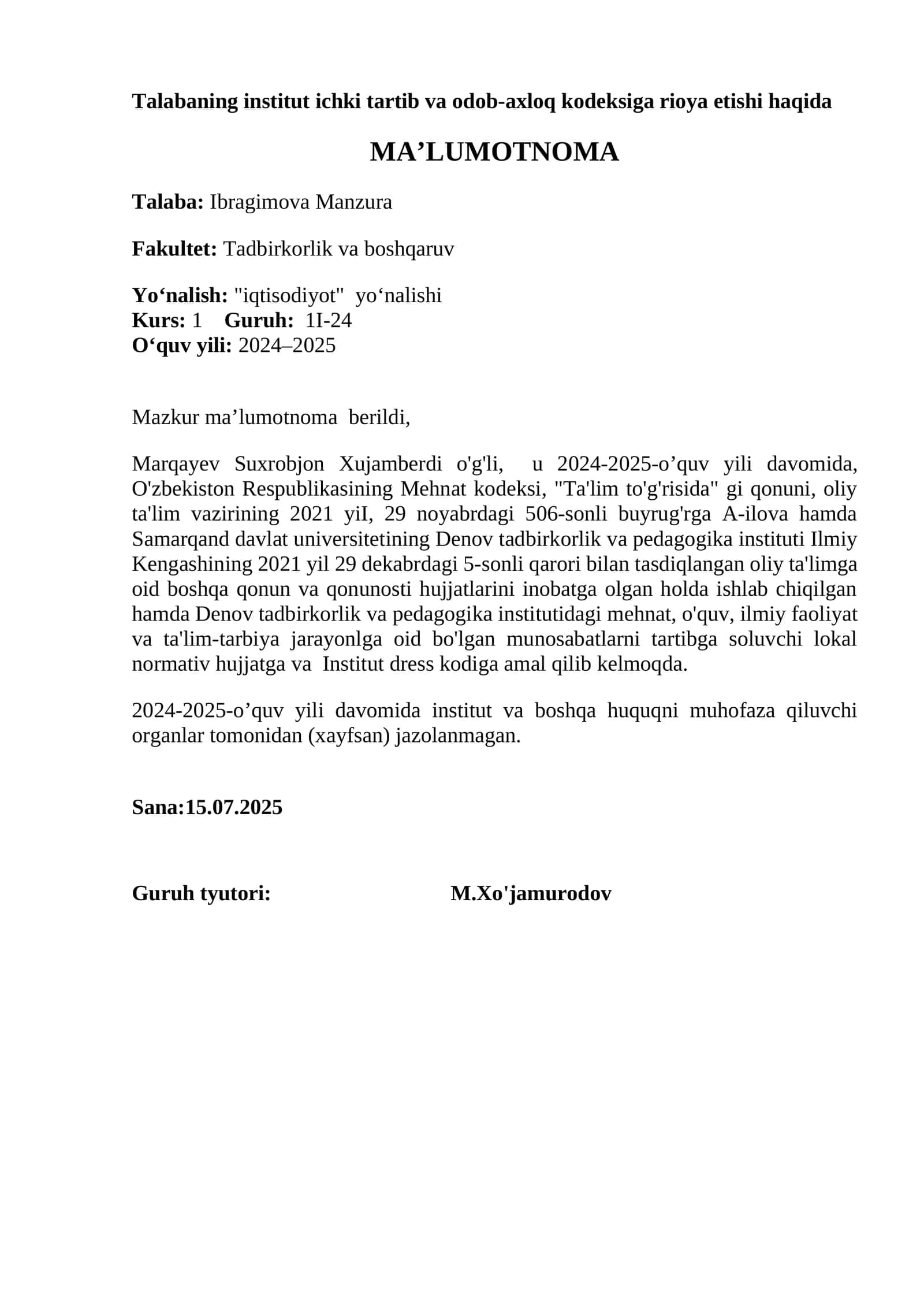 Talabaning institut ichki tartib va odob-axloq kodeksiga rioya etishi haqida 1