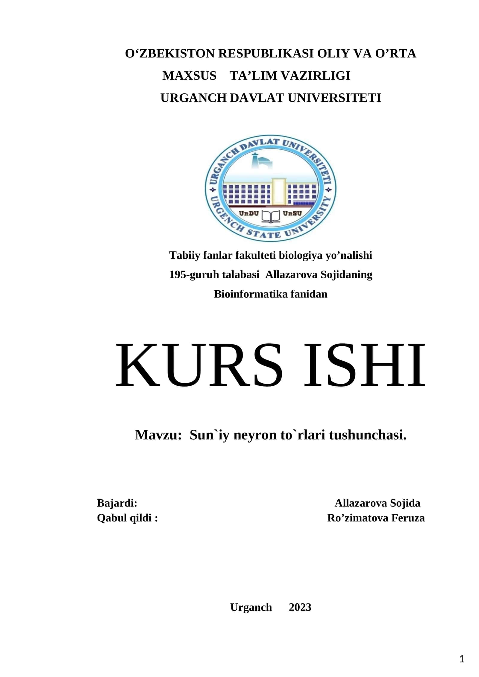 Sun`iy neyron to`rlari tushunchasi 1