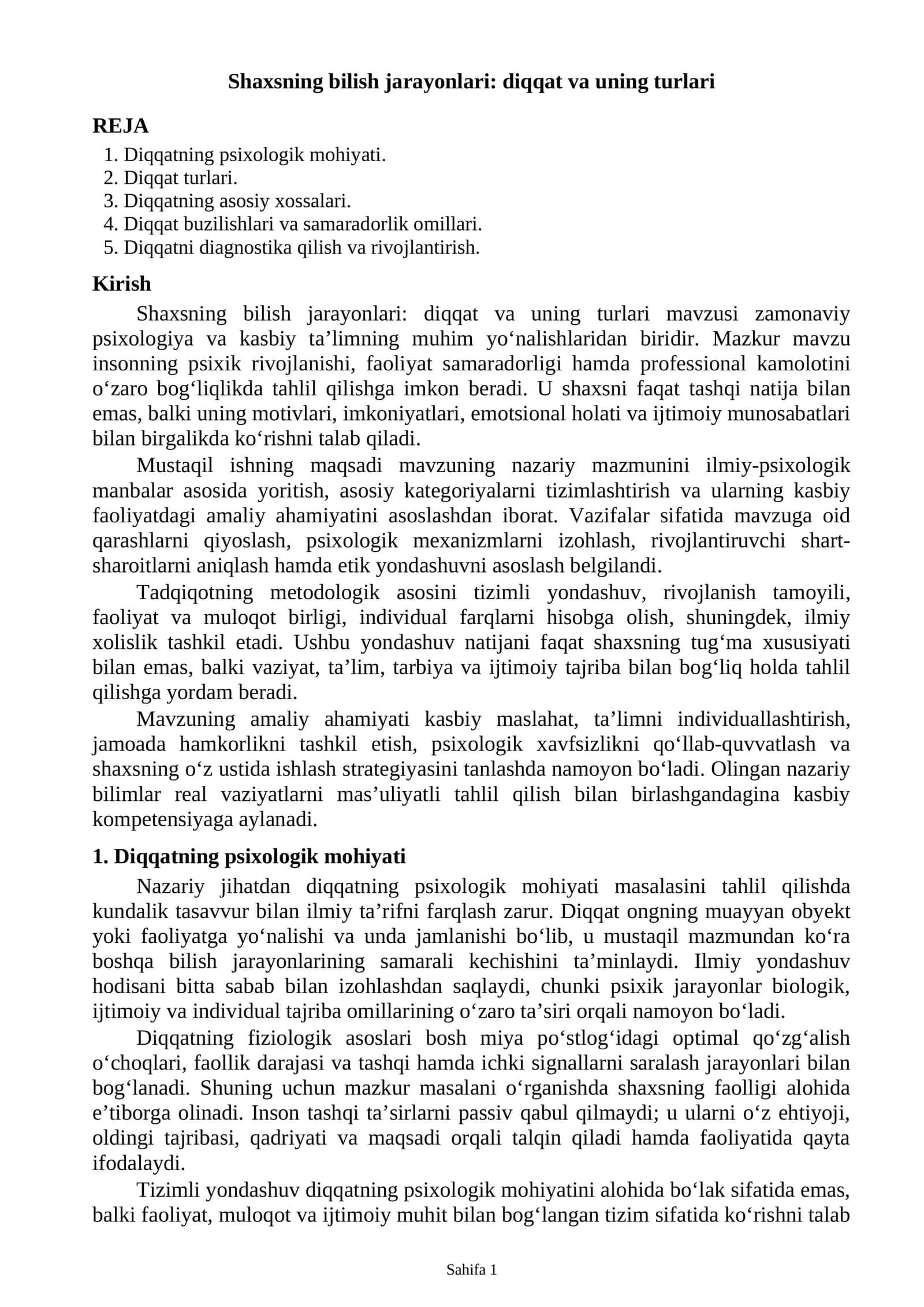 Shaxsning bilish jarayonlari: diqqat va uning turlari 1