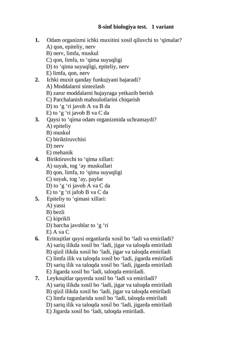 8-sinf biologiya test. 1 variant 1