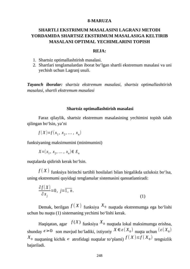 SHARTLI EKSTRIMUM MASALASINI LAGRANJ METODI YORDAMIDA SHARTSIZ EKSTRIMUM MASALASIGA KELTIRIB MASALANI OPTIMAL YECHIMLARINI TOPISH 1